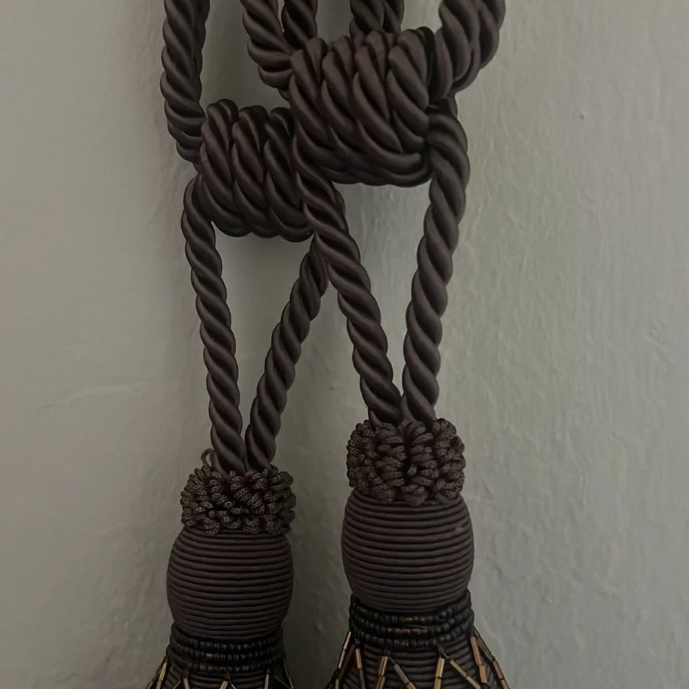 Set of 2 brown curtain tie tassels with copper beads detail approx 24” like new